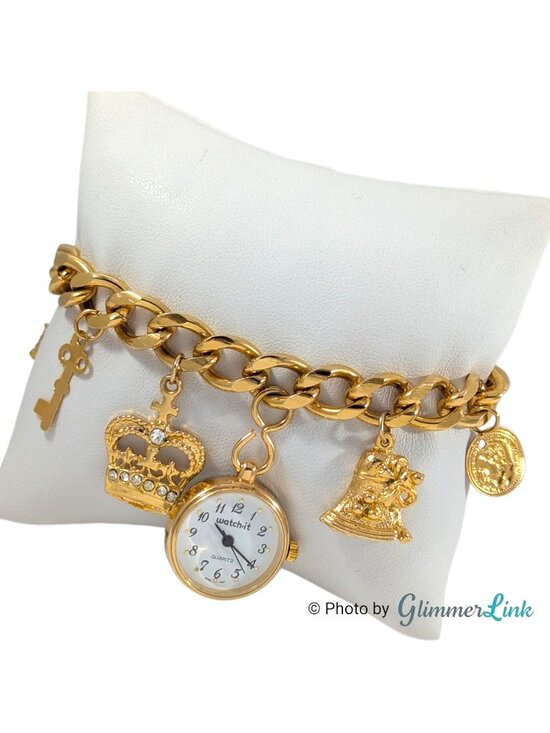 Watch-It Accessories - Vintage Watch-It Gold Tone Charm Bracelet Watch Rhinestone Crown Heart 7 1/2"